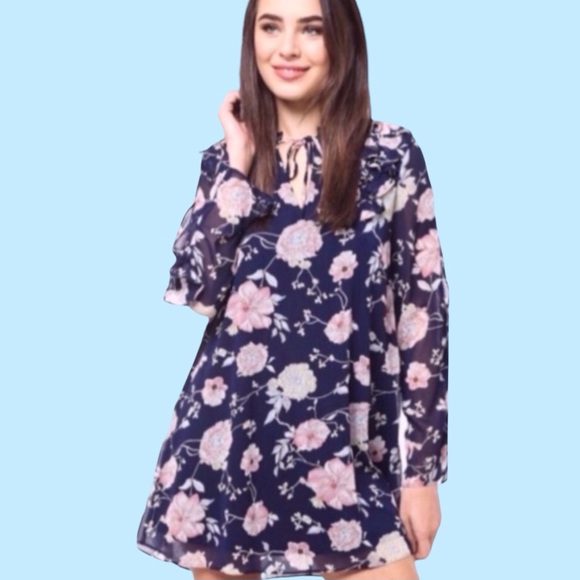 Love Riche Navy Blue Floral Ruffle Sleeves Chiffon Lined Dress NWT - Picture 2 of 10